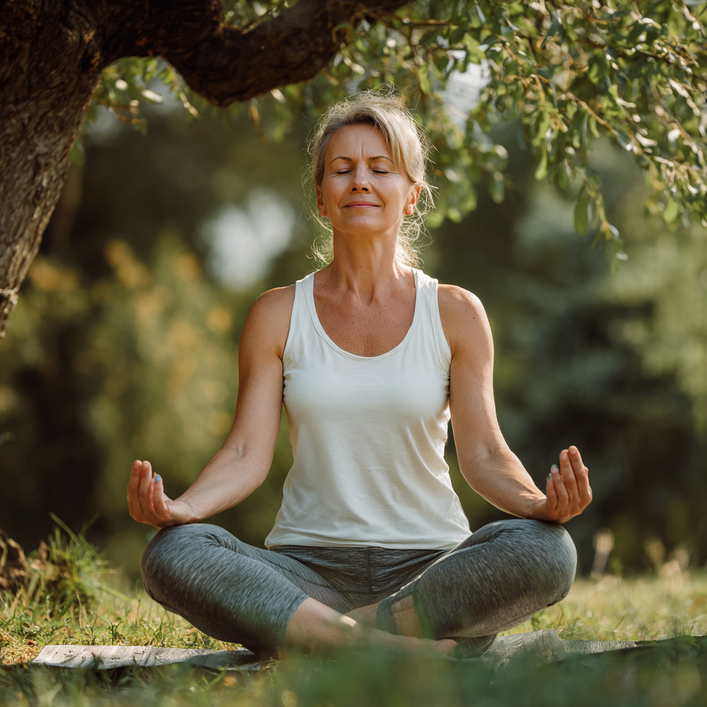 Smiling middle-aged Ukrainian woman practicing yoga outdoors in peaceful natural setting
