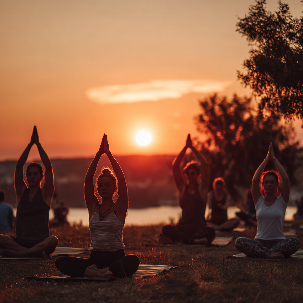 Peaceful Ukrainian seniors doing breathing exercises and meditation in bright yoga studio