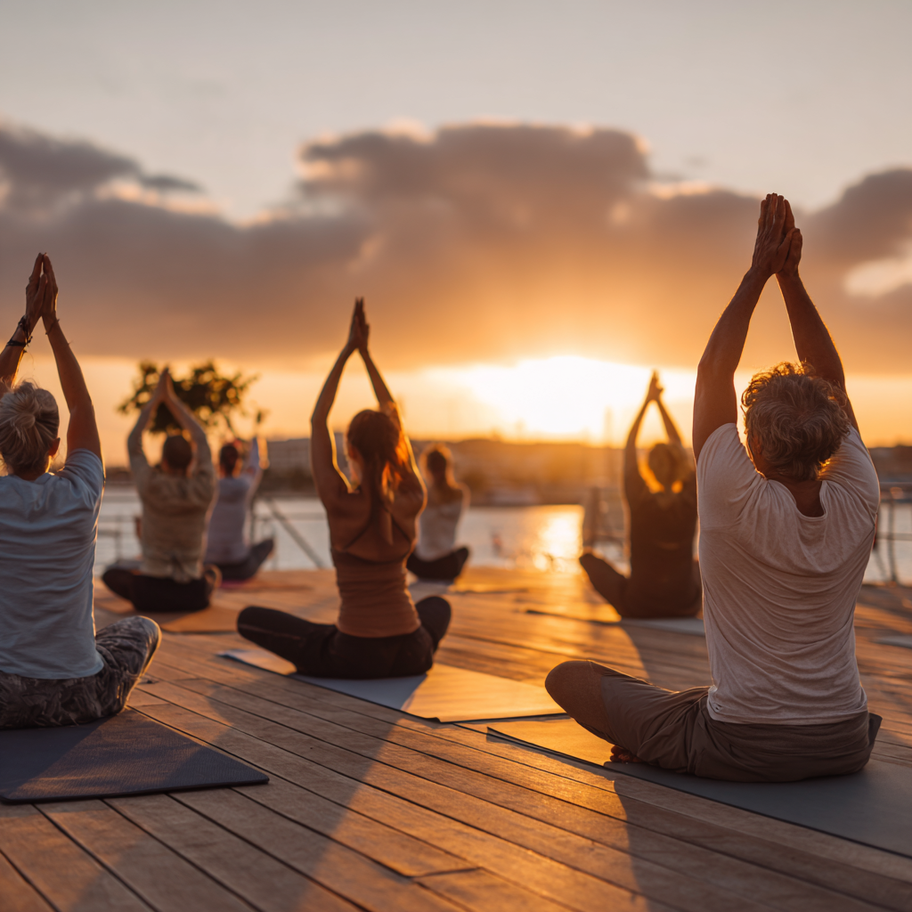 Group of diverse Ukrainian adults in peaceful yoga poses during sunset practice session